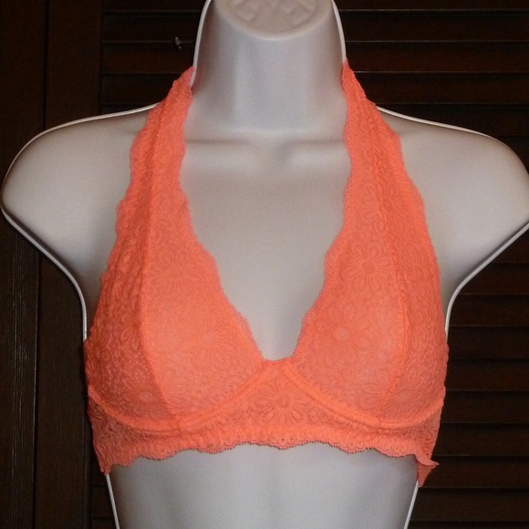 AERIE Peach Coral Orange Halter Bra Bralette, Lace, Underwire Unlined, 34A, New! - Picture 1 of 8